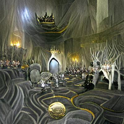 A vast circular Faerie throne room. The floor is covered in silver and gold-veined black marble, the walls are carved wi...