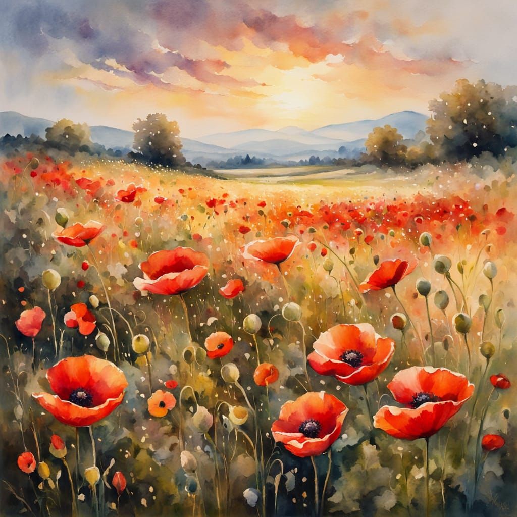 Poppy Field Watercolour Painting in Impressionist Style