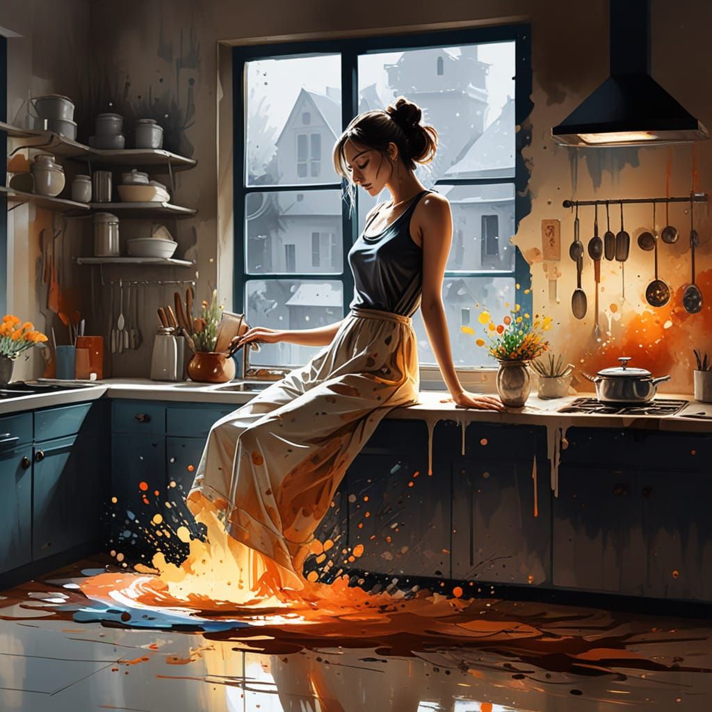 Dreamlike Chocolatier in Abstract Kitchen, Watercolor Style