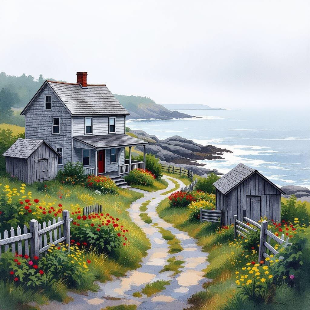 Maine Coast House in Wyeth Style Watercolor
