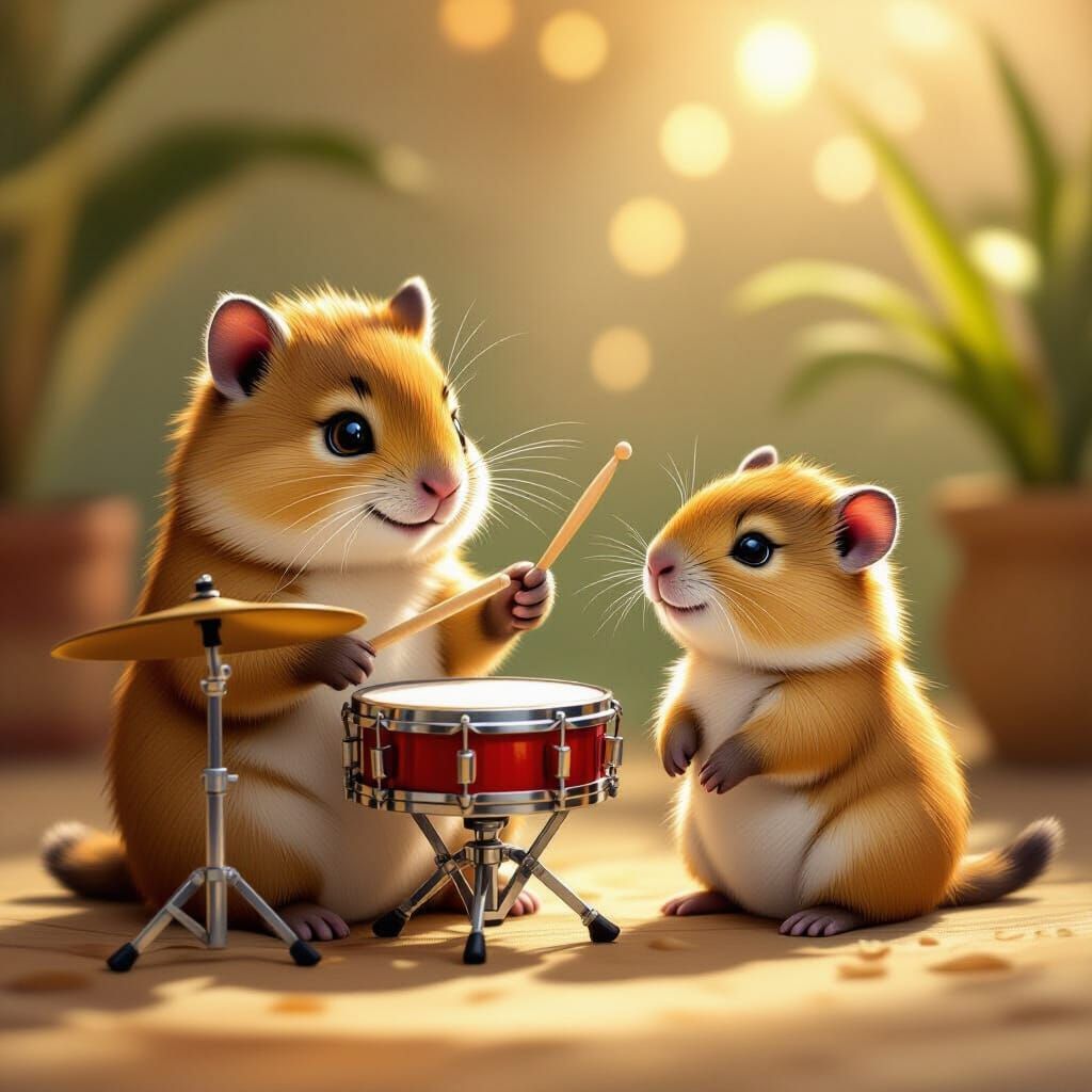 Bongo Cat Plays Drums For Capybara, Whimsical Illustration S...