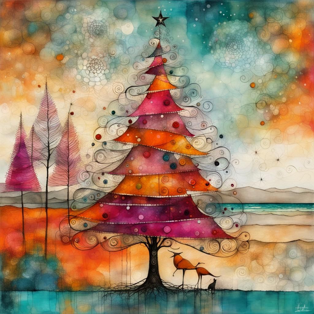 Whimsical Christmas Tree on Teal Beach Illustration