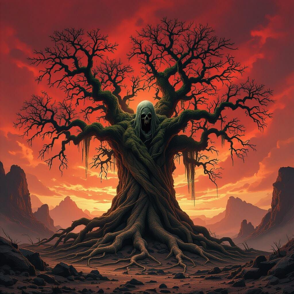 Colossal Ancient Tree Against Red Sky, Hyperrealistic Digita...