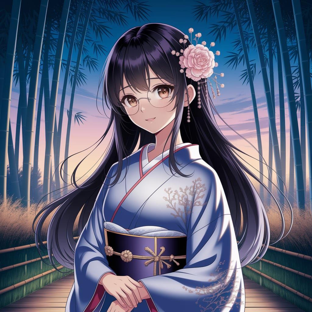 Anime Woman in Bamboo Forest at Twilight