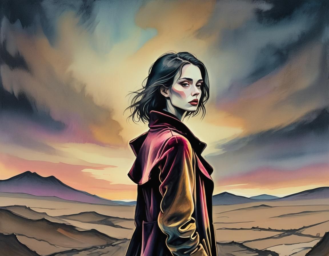 Surreal Woman in Desolate Landscape: Ink Drawing