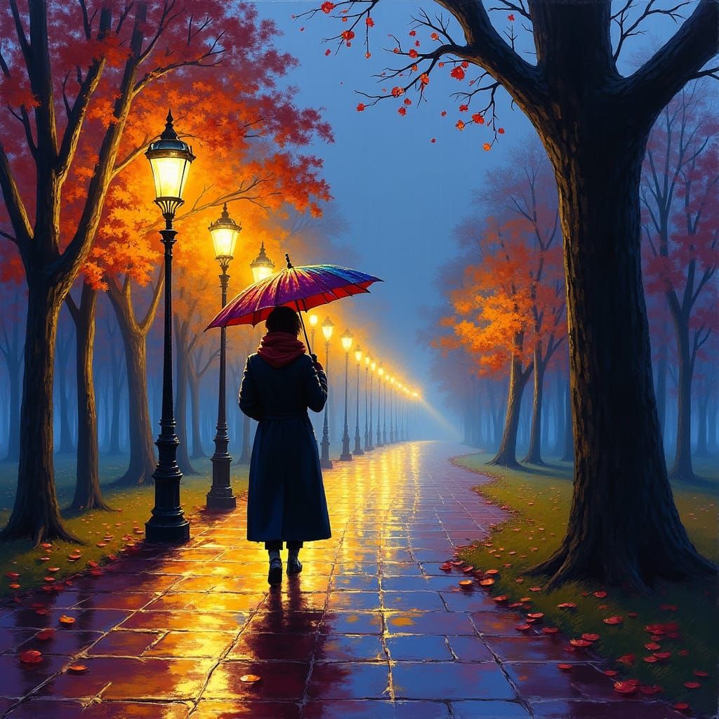 Rainy Park Path in Impressionist Style