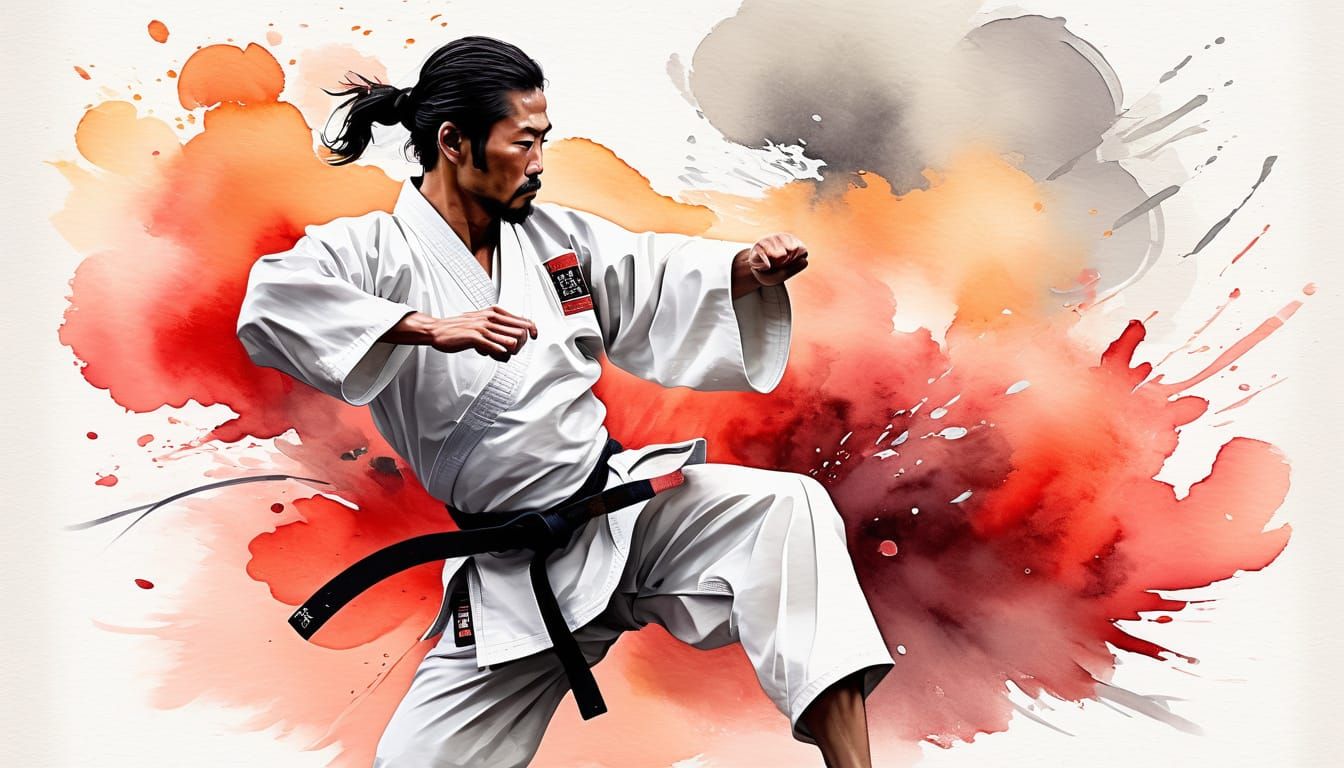 Karate Master Front Kick in Watercolor Style