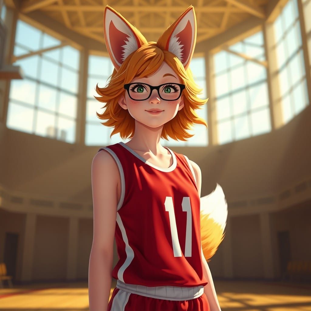 Human-Fox Hybrid Girl in Basketball Uniform