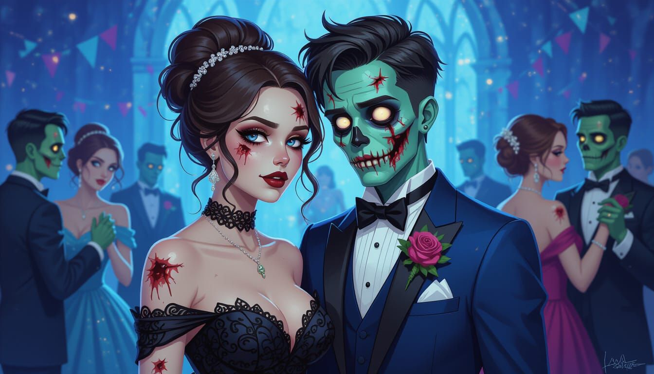 Cute Zombie Couple at Prom Night Digital Painting