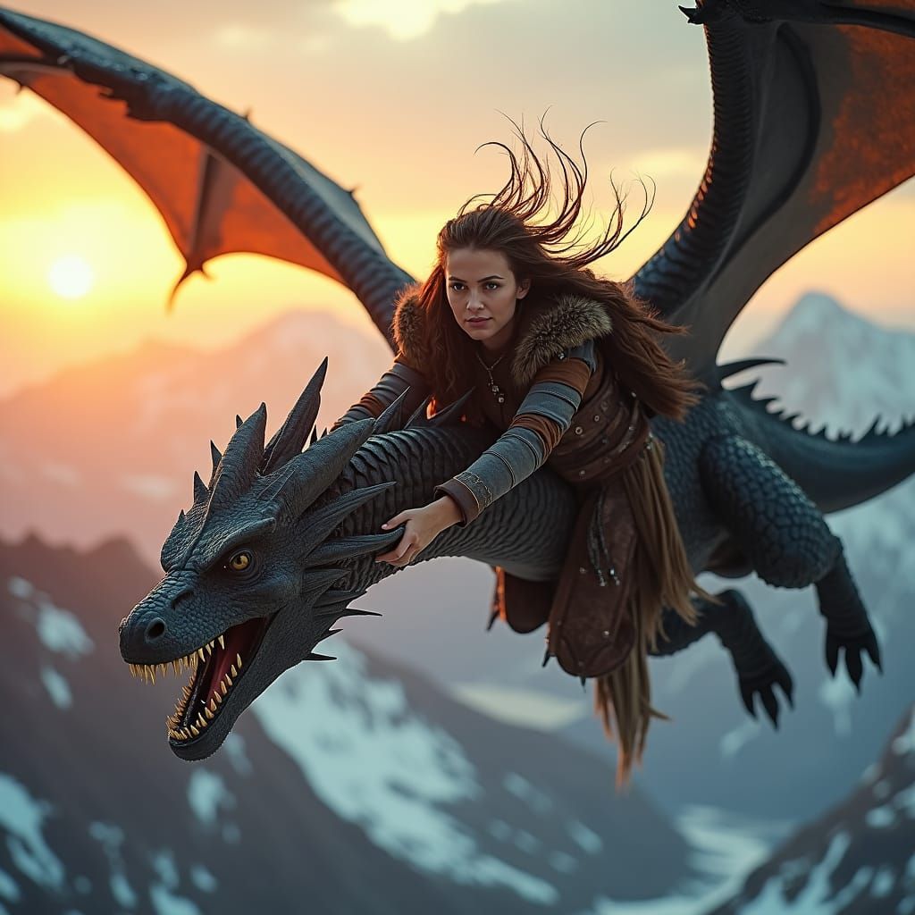 Viking Woman Riding Dragon Over Mountains at Sunset
