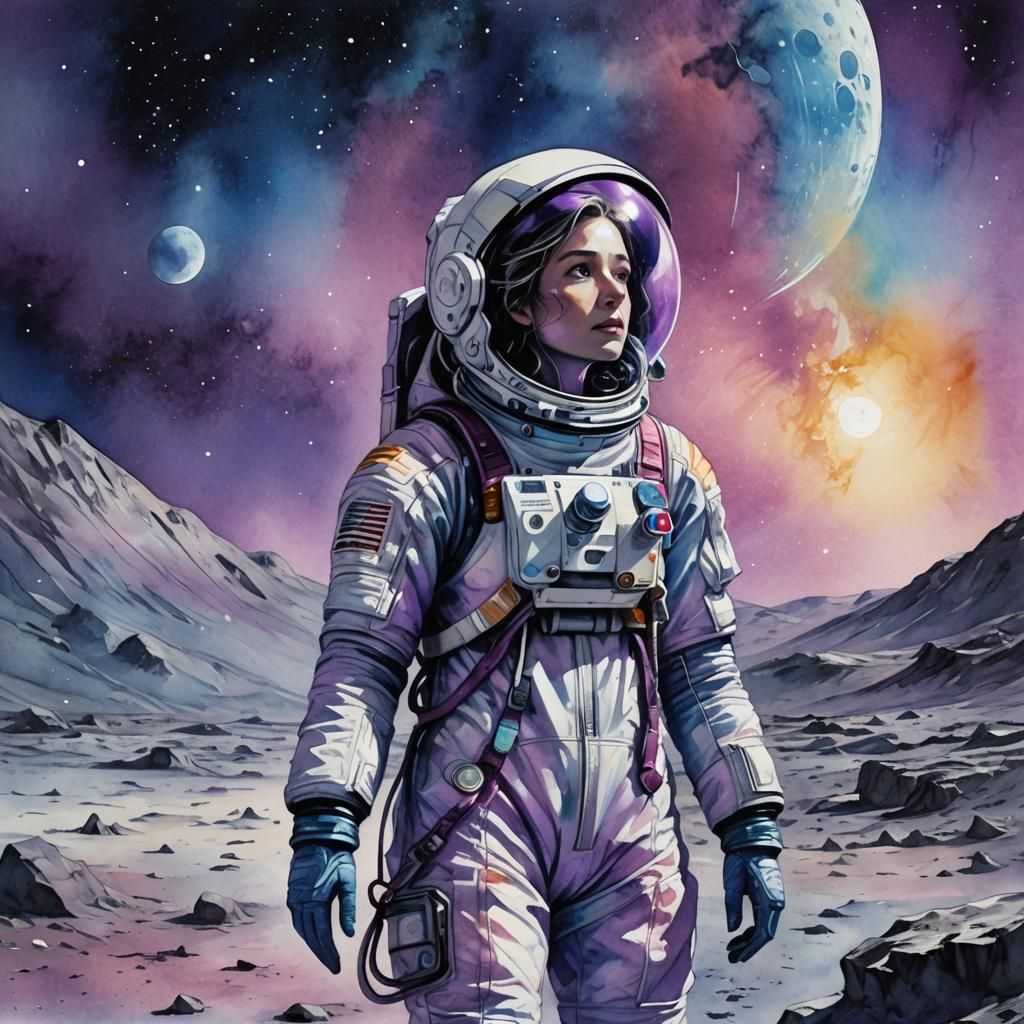 Lunar Woman in Watercolor Science Fiction Art