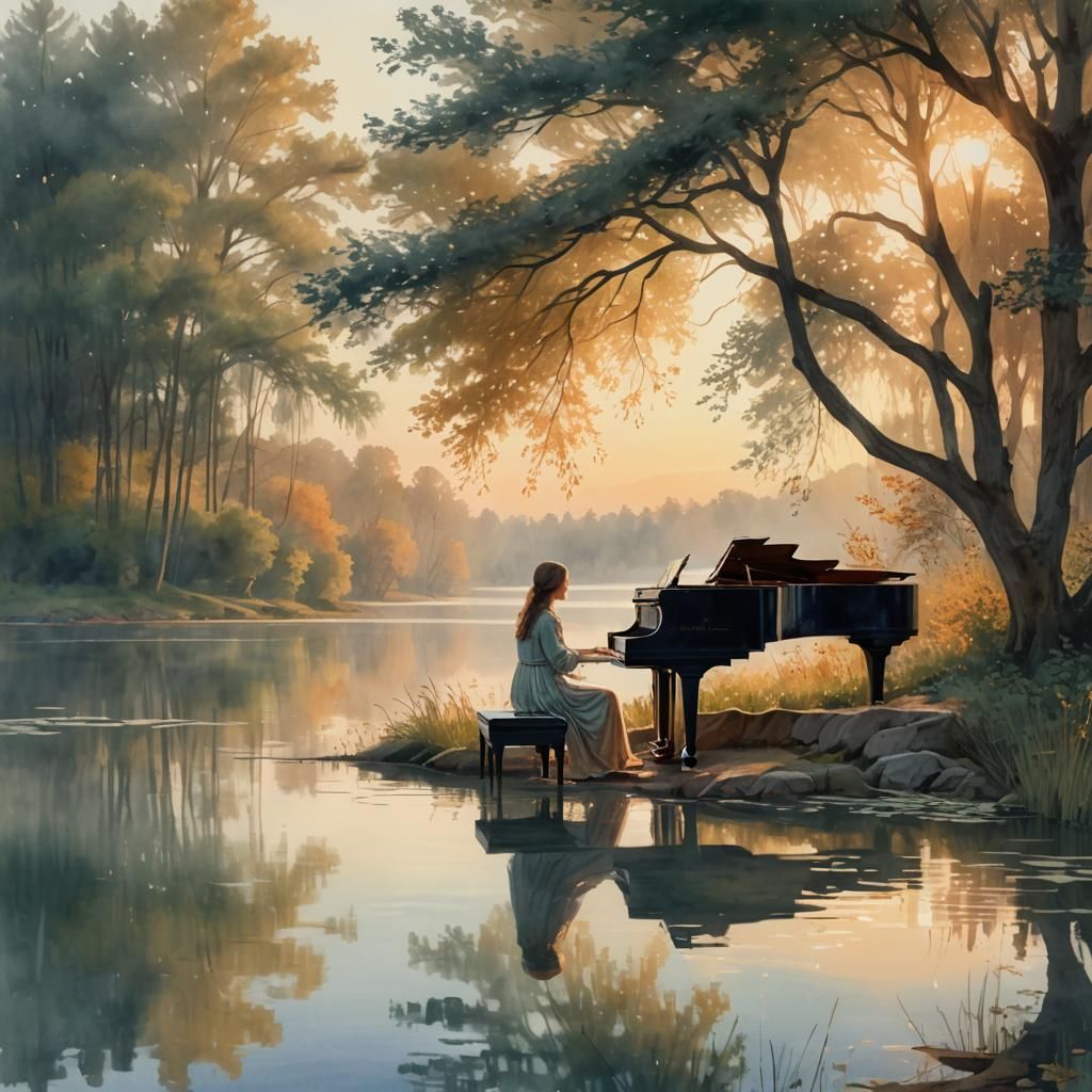 Woman at Piano: Dreamy Impressionist Digital Art