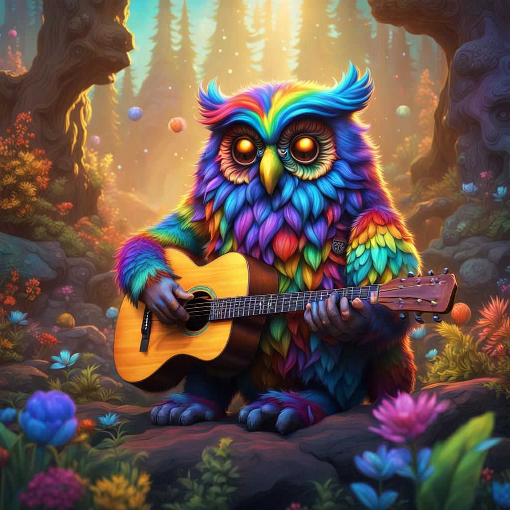 Rainbow Owlbear Folksinger in Detailed Matte Painting