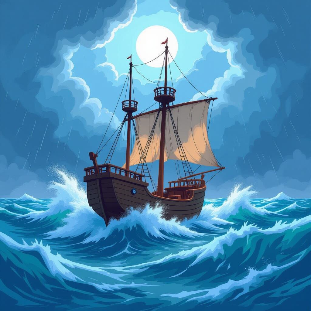 Tiny Ship in Hurricane Eye Anime Painting