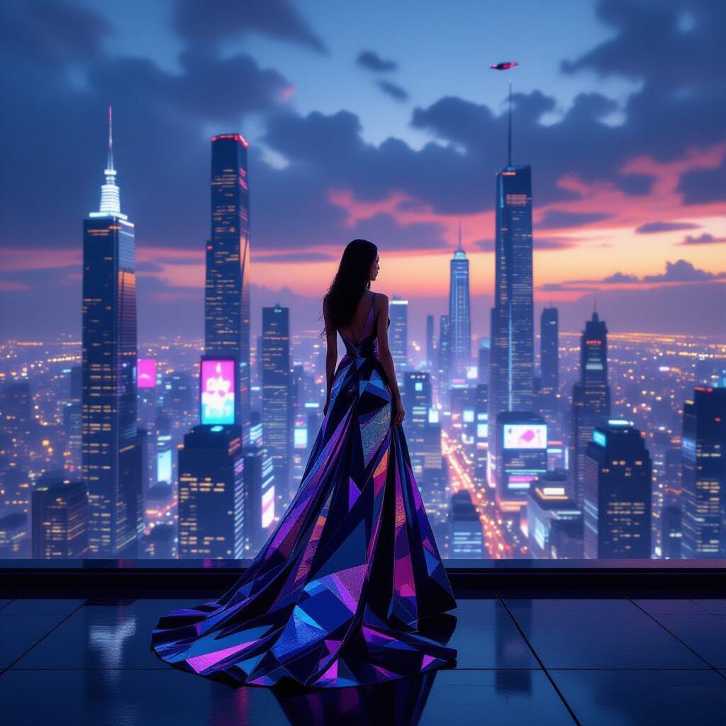 Avant-Garde Woman on Neon Rooftop in Futuristic City
