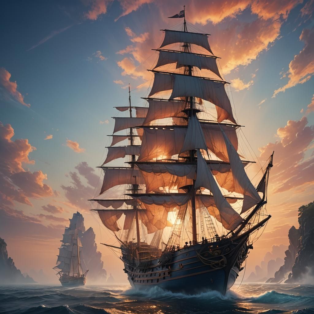 Majestic Ship Sails into Fantastical Dawn: Vivid Digital Art