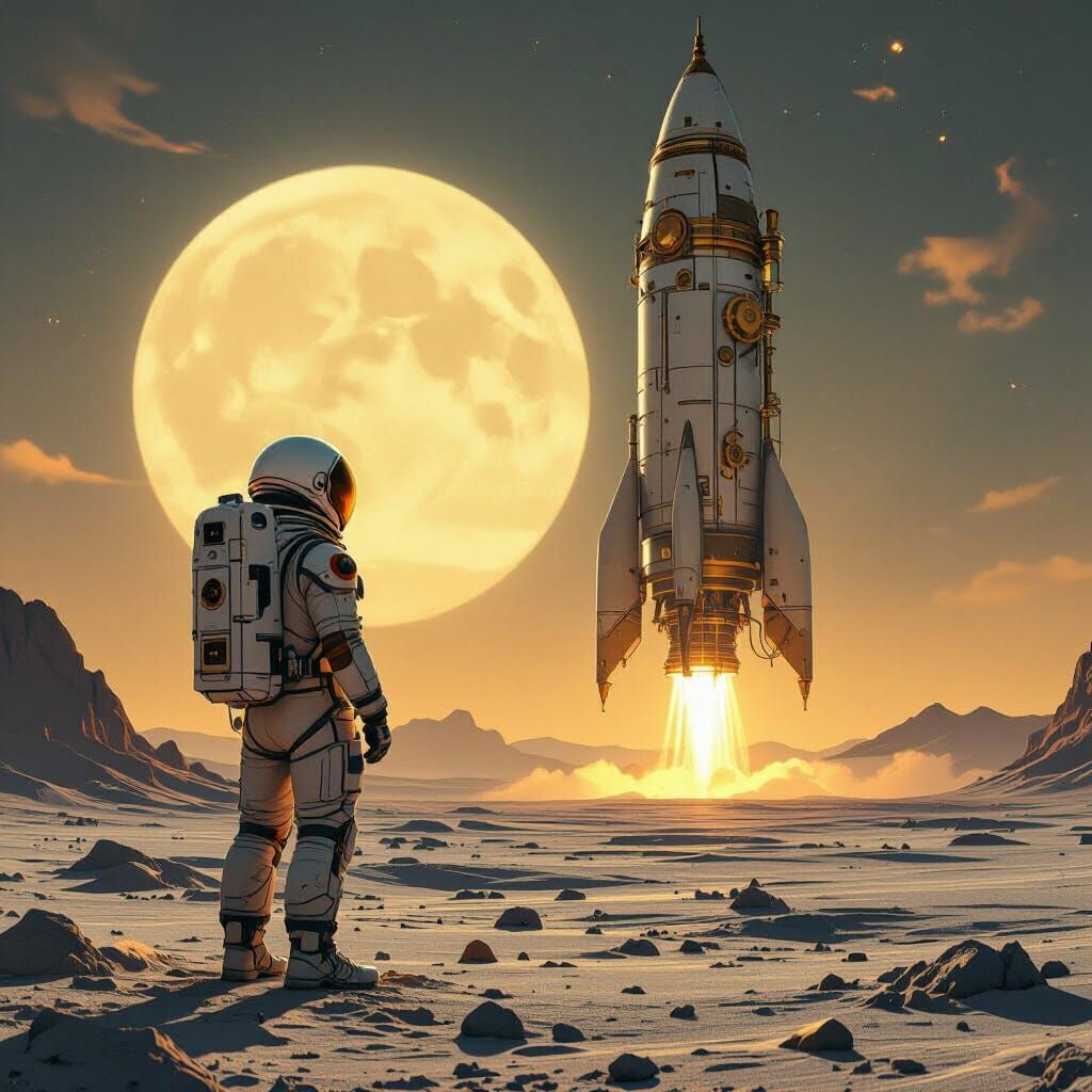 Astronaut on Alien Moon Gazing at Steampunk Rocket