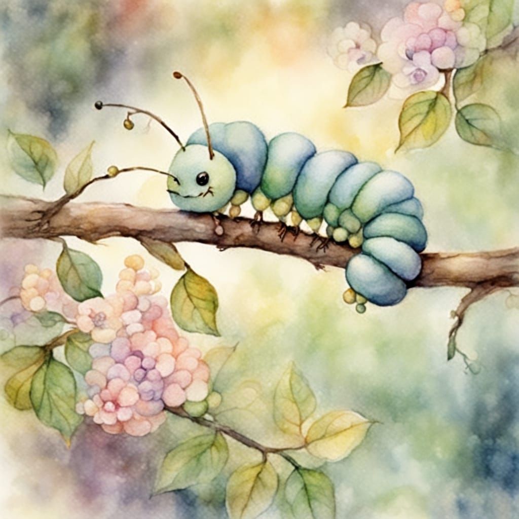Whimsical Caterpillar on Branch in Watercolor Style