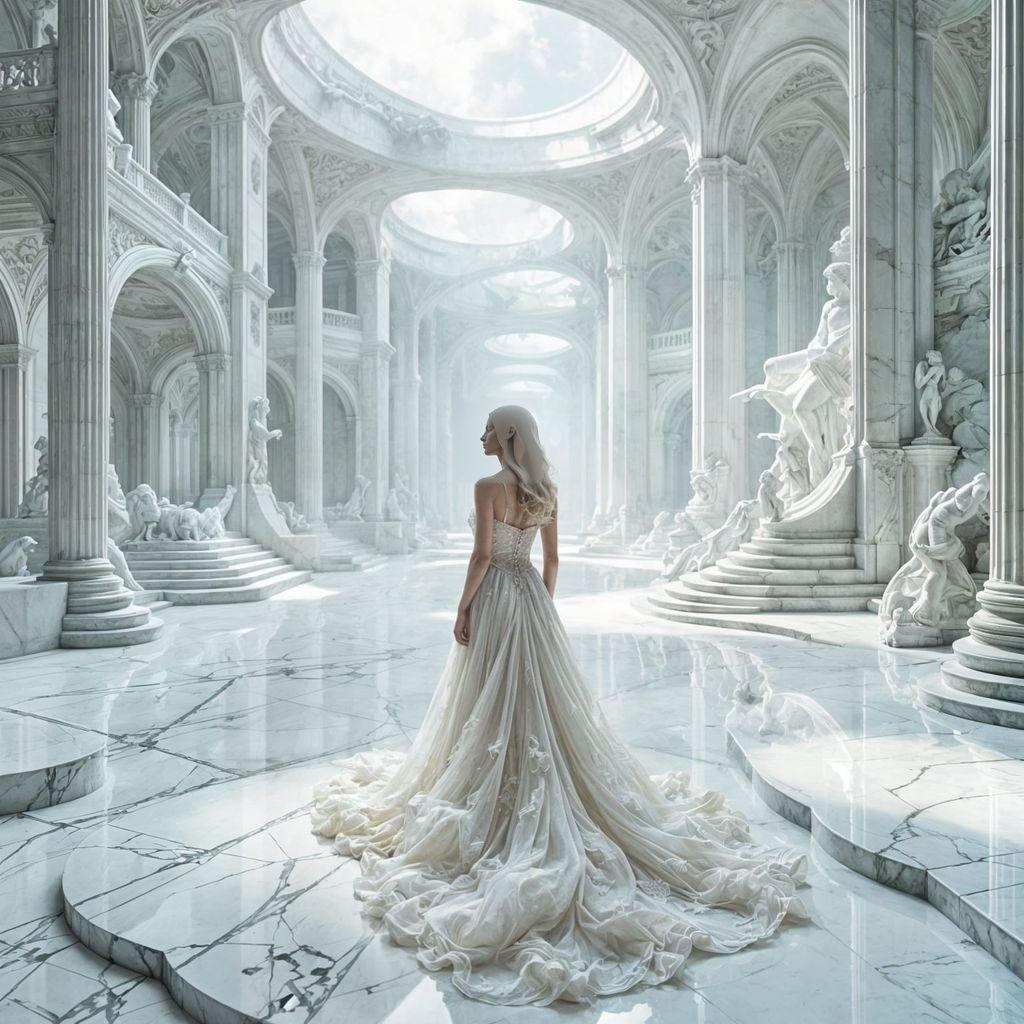 Ethereal Woman in Cavernous White Mansion