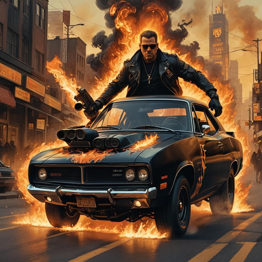 Road Warrior Drives Flaming Car in Digital Art Style