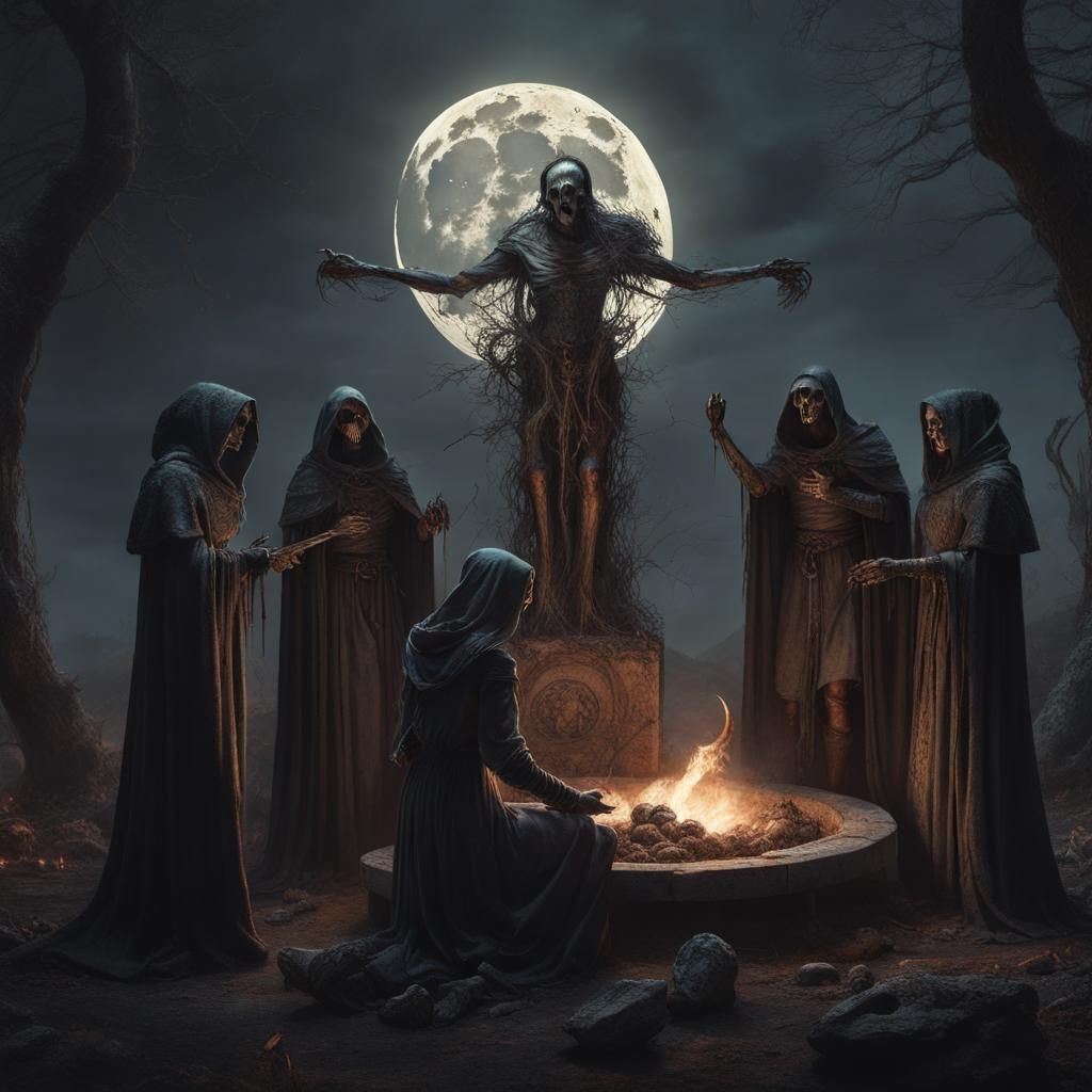 Medieval Necromancers Moon Sacrifice in Dark Fantasy Style