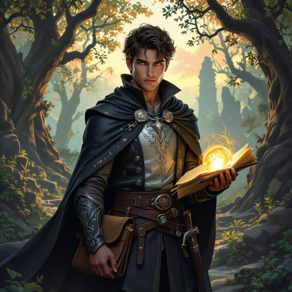 Fantasy Hero in Mystical Forest with Glowing Orb