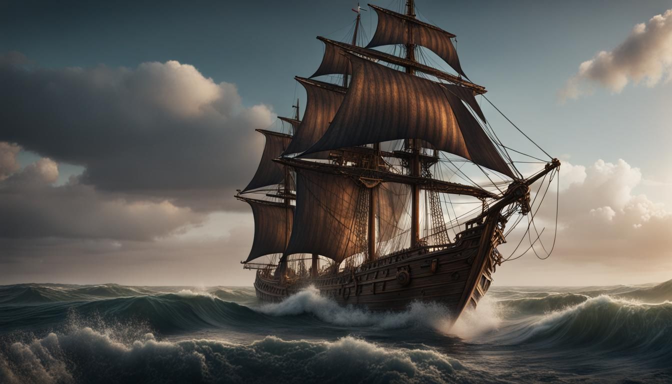 Sailing Ship on Rough Seas: Detailed Matte Painting