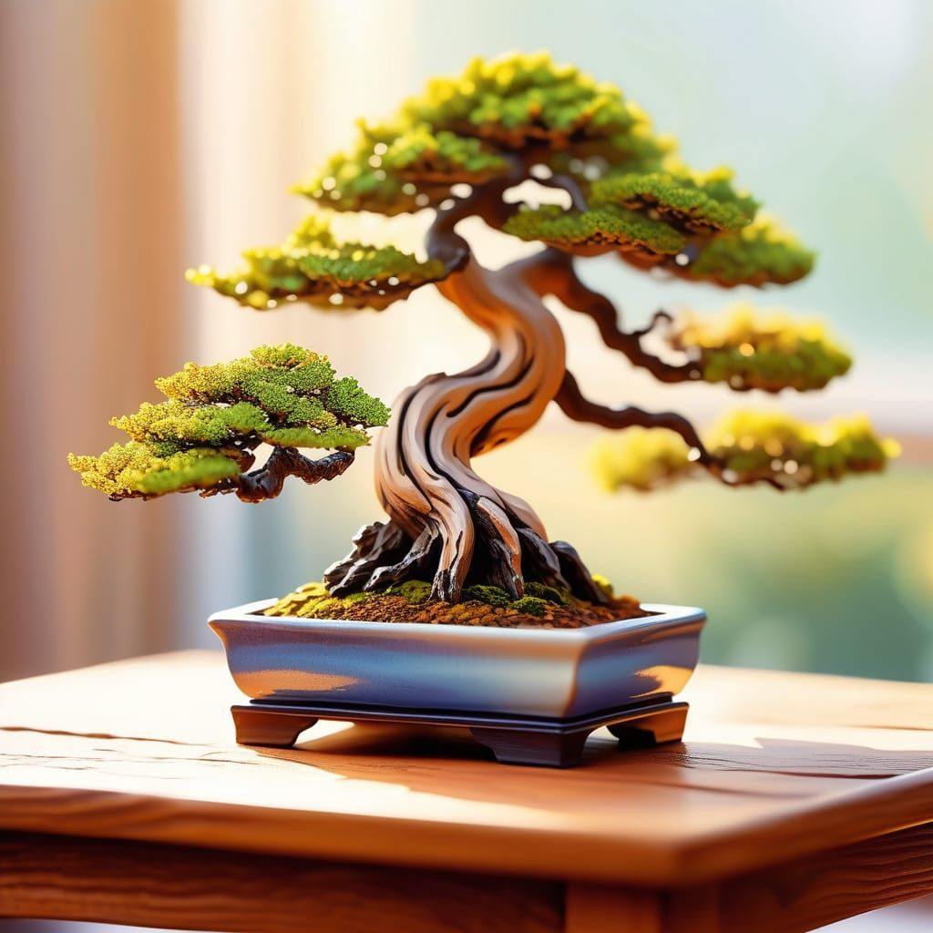 Detailed Oil Painting of Bonsai Tree on Table