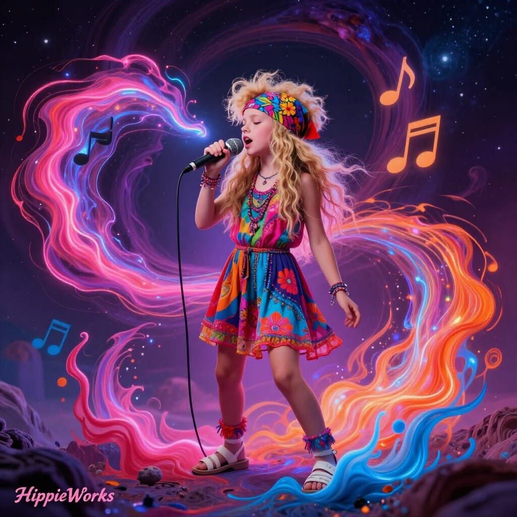 Punk Rocker Girl Sings Amidst Cosmic Sound Energy in 1980s D...