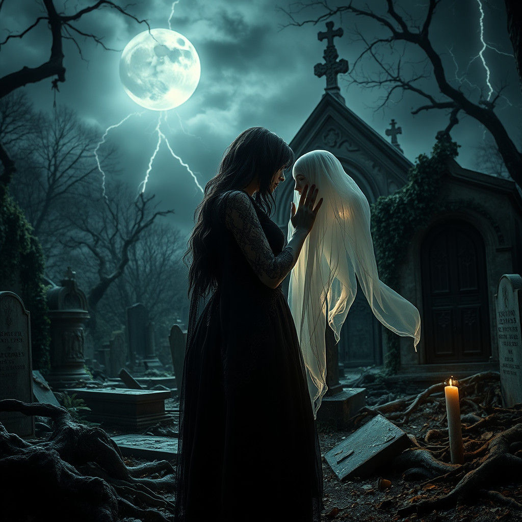 Vampire Whispers to Ghost in Gothic Cemetery