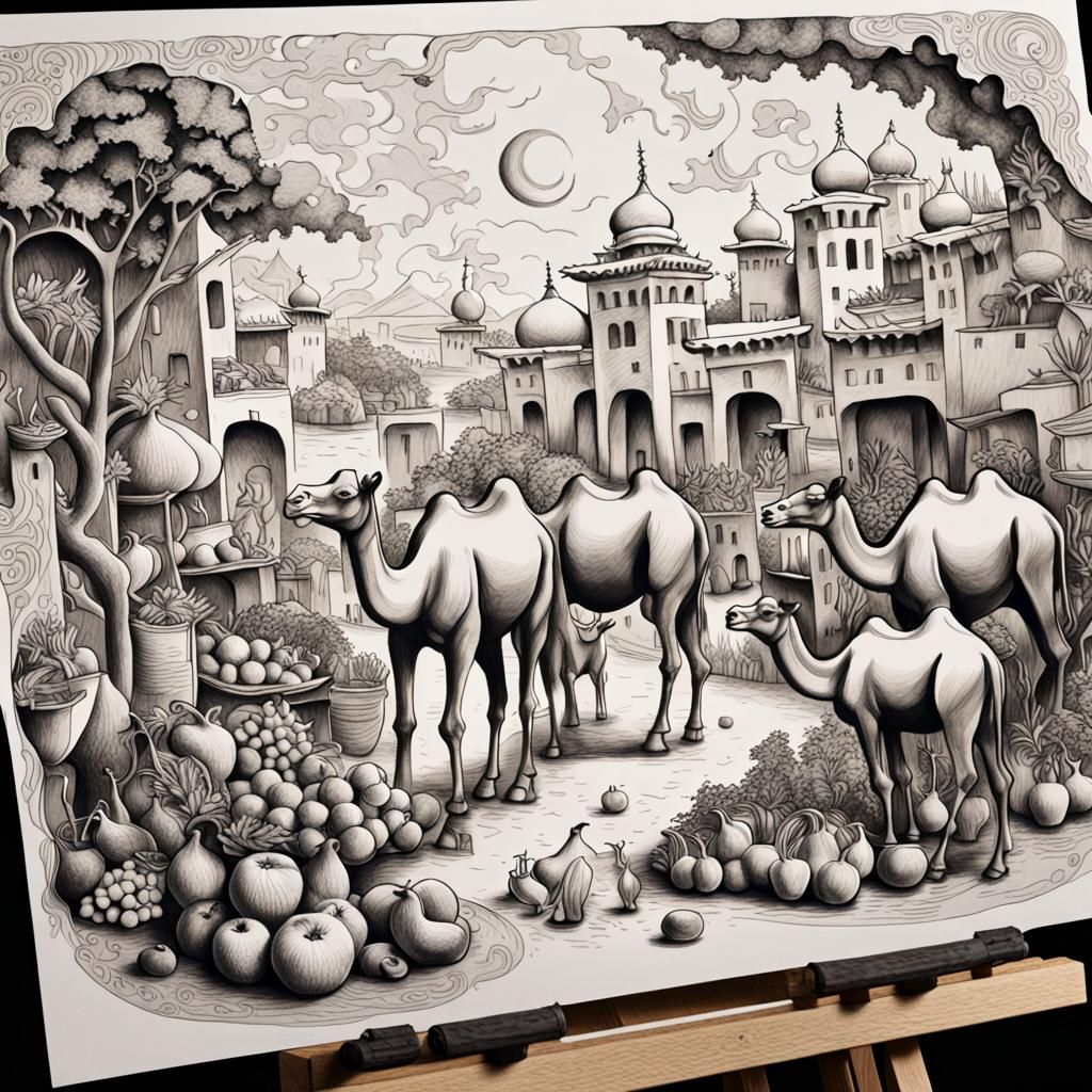 Oriental Marketplace Sketch in Surreal Style