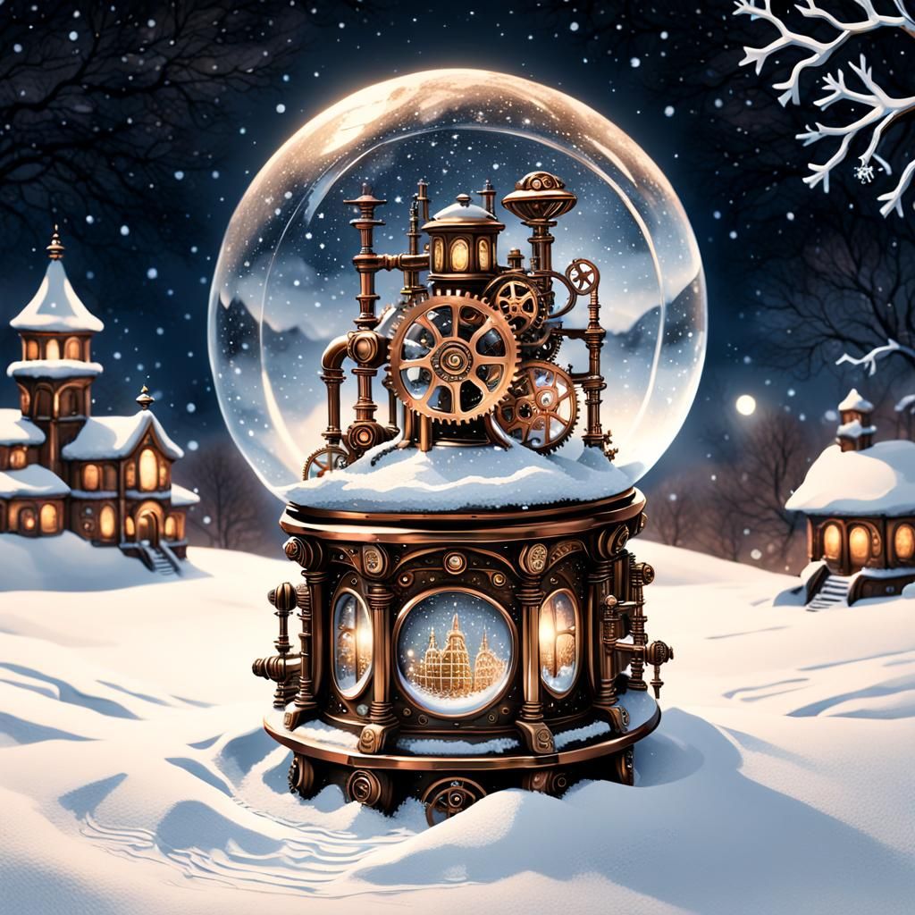Steampunk Snow Globe in Dreamy Oil Painting Style