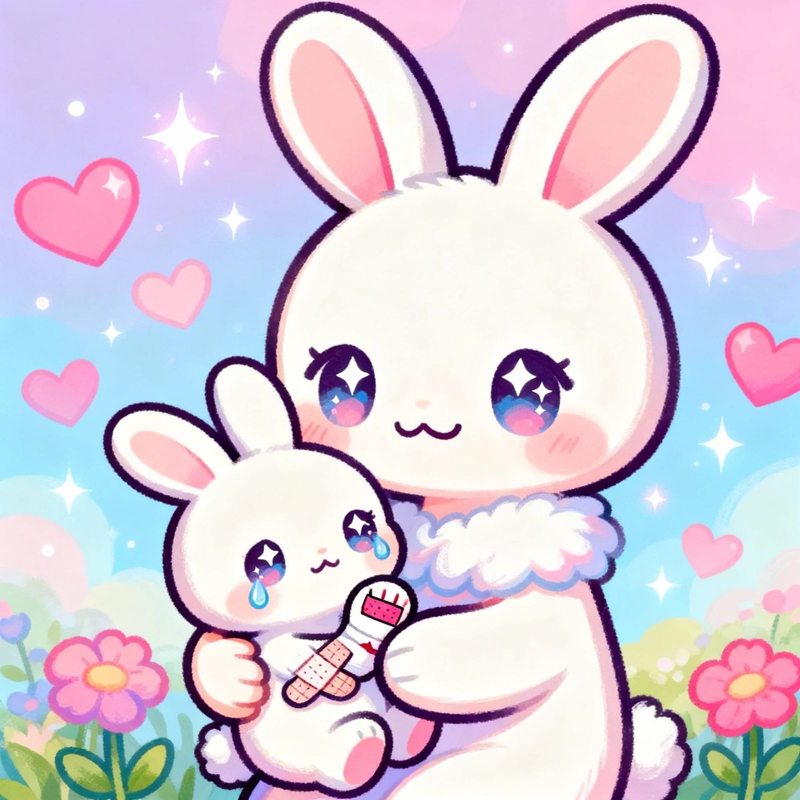 Adorable Mother Bunny Comforts Injured Baby in Kawaii Style