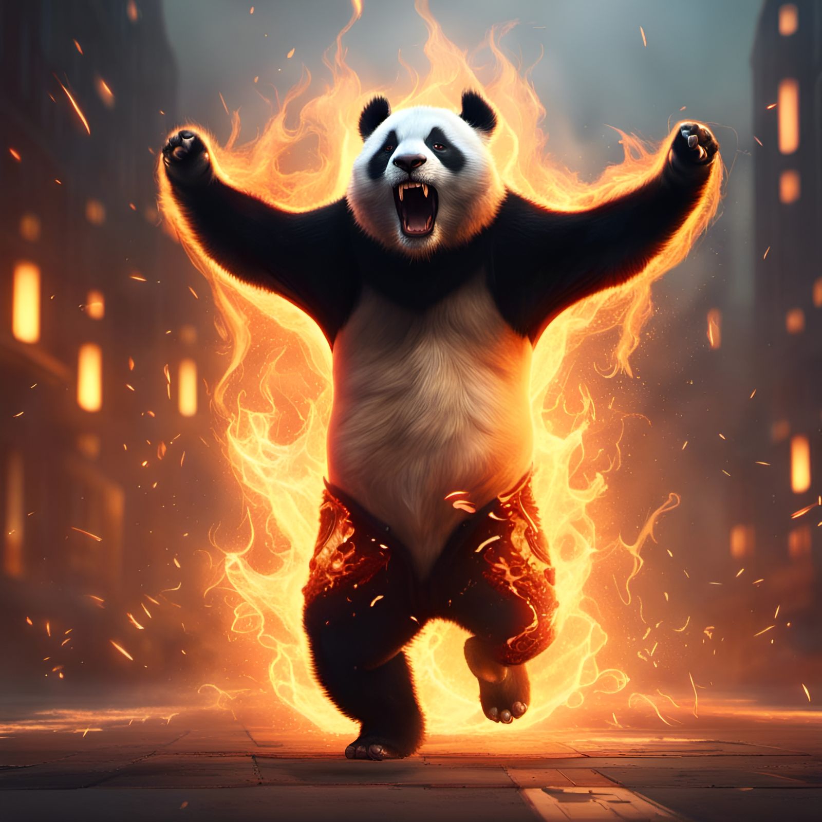 Screaming Panda in Flames: Cinematic Digital Art