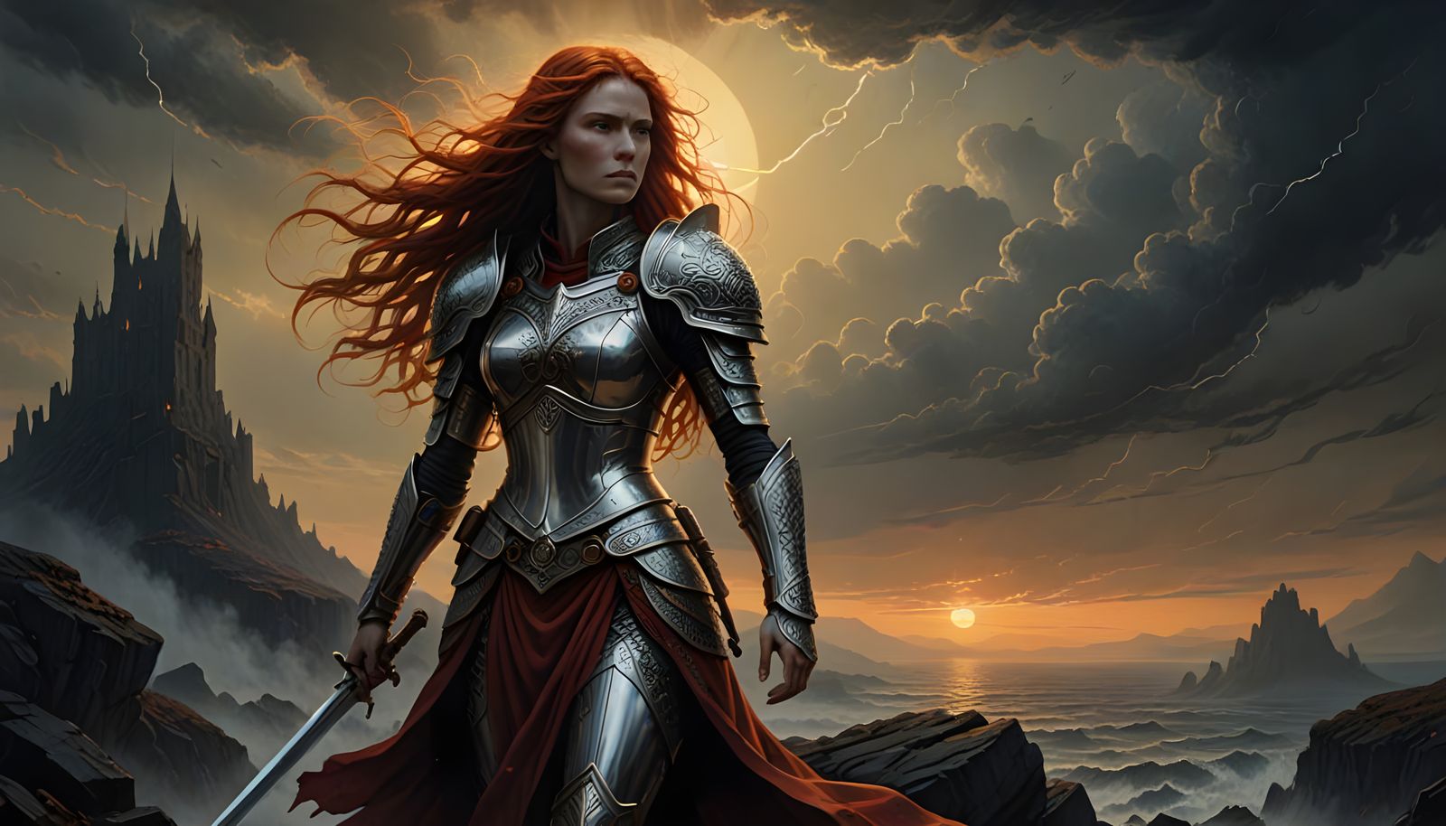 Ethereal Warrior Woman in Shining Silver Armor