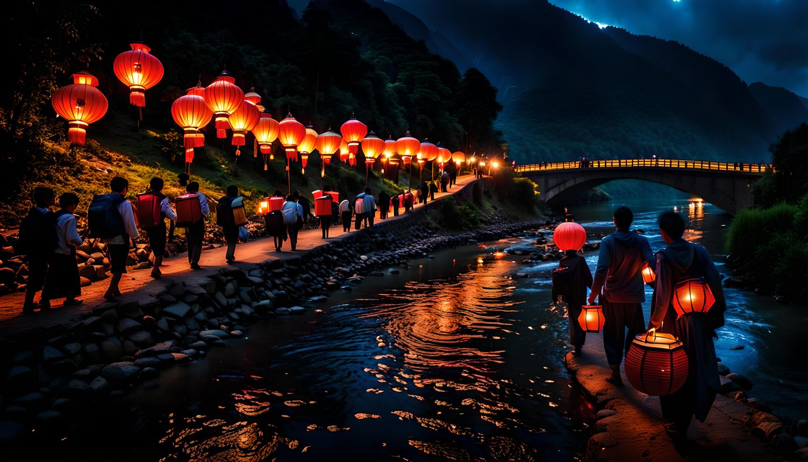 Lantern Walkers in Valley City: Hyperrealistic HDR Image