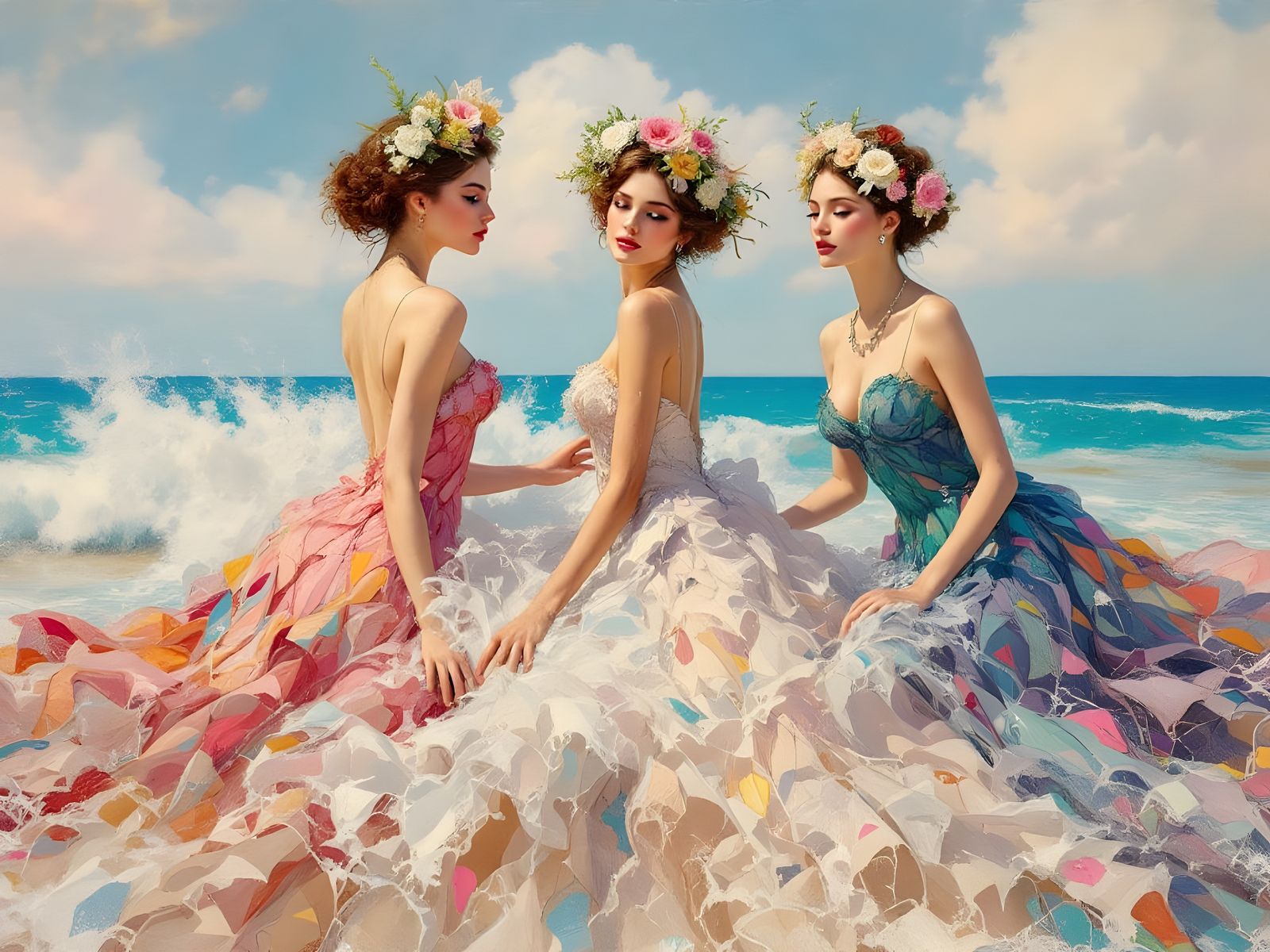 Ethereal Beach Sirens in Impressionist Style