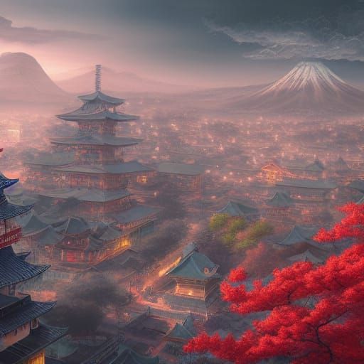 Fantastical Japanese City in Detailed Matte Painting