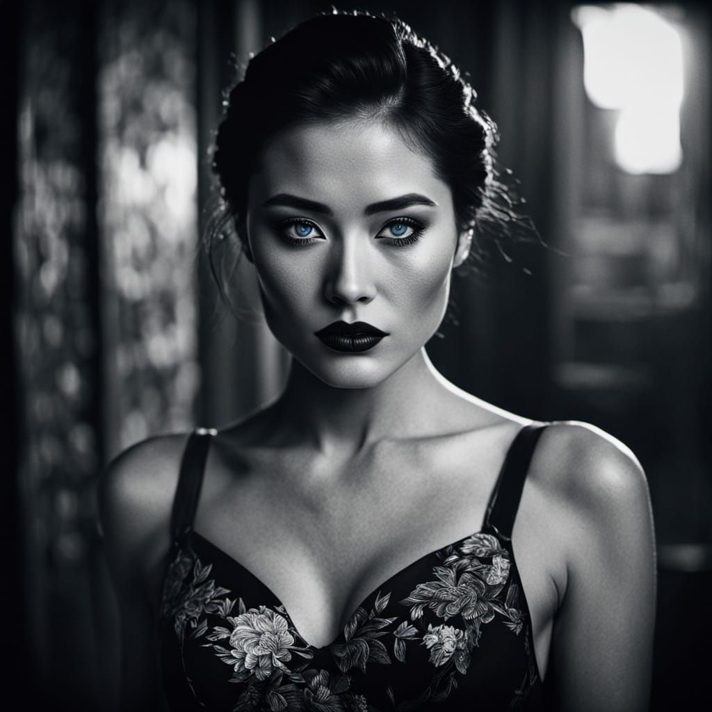 Magazine Cover: Sensual Chinese Woman with Red Lips in B&W