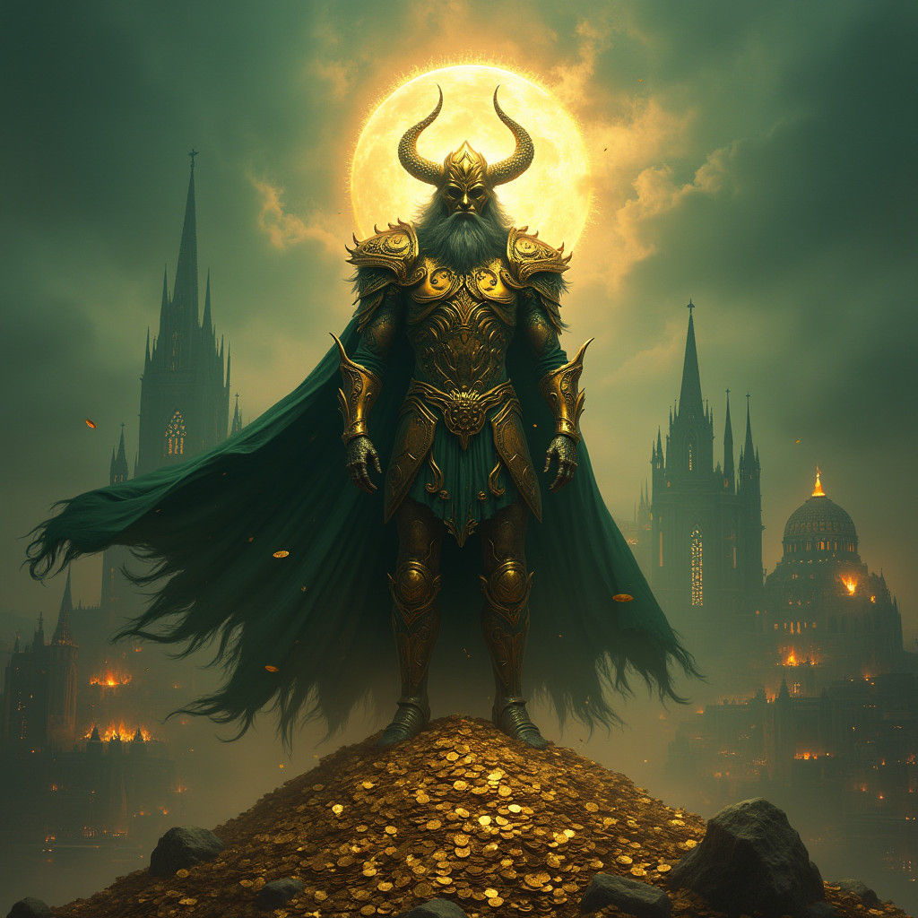 Ominous God of Money in Gothic Cityscape