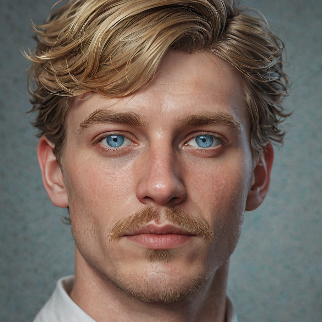 Charismatic Young Gentleman with Blond Mustache and Blue Eye...