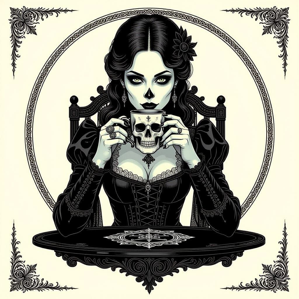 Victorian Gothic Lady at Tablet with Skull Mug