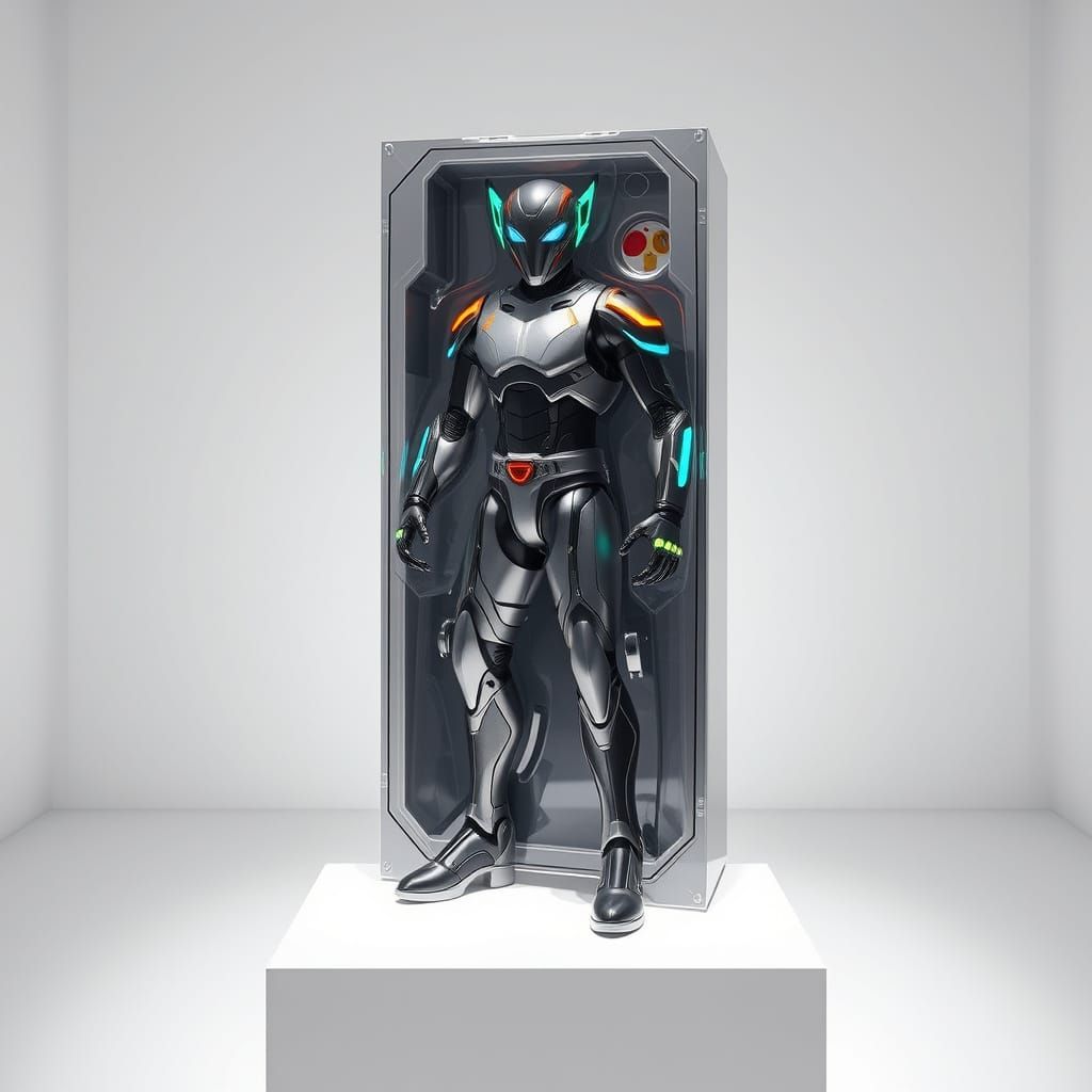 Futuristic Action Figure on Pedestal in Retro-Futuristic Pac...