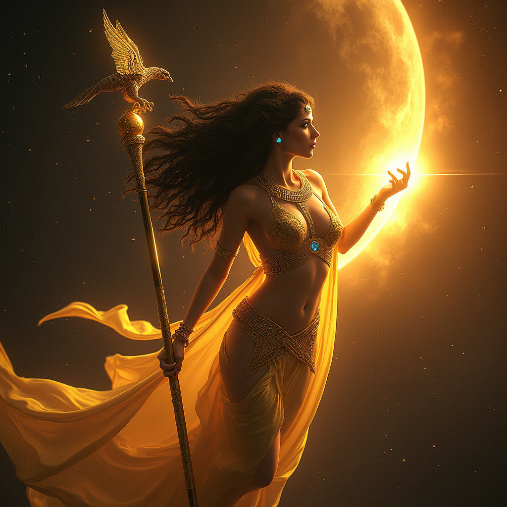 Egyptian Goddess Battles Solar Behemoth in Outer Space