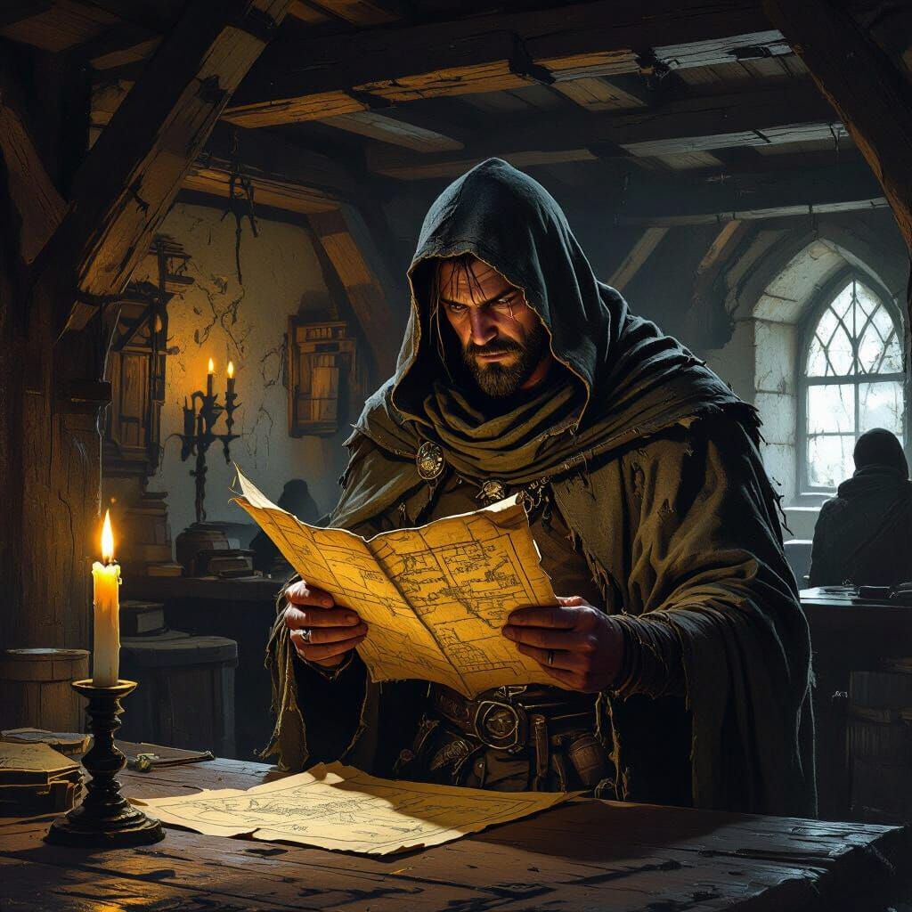 Warrior Studies Ancient Map in Dim Tavern