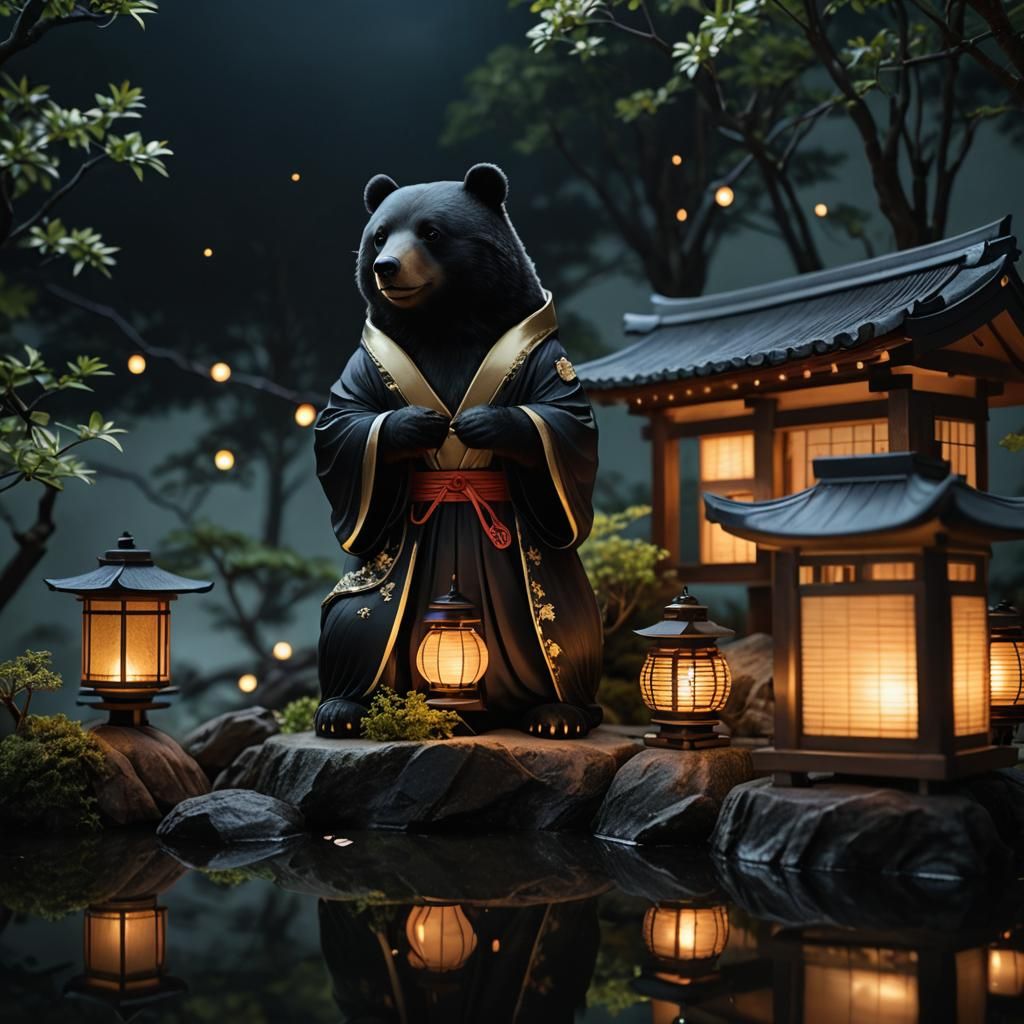Zen Bear in Glowing Lantern Bonsai Garden