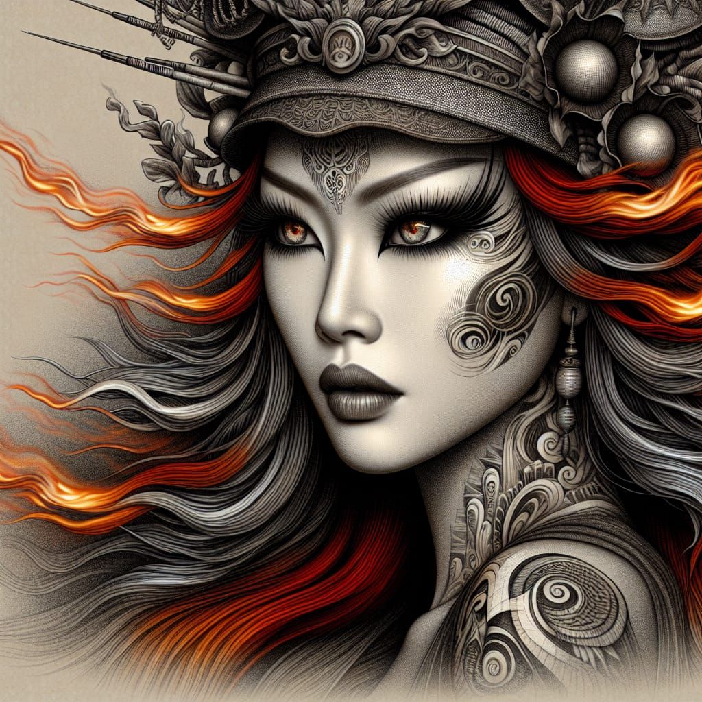 Mythical Fiery Goddess Portrait with Ornate Makeup and Hat