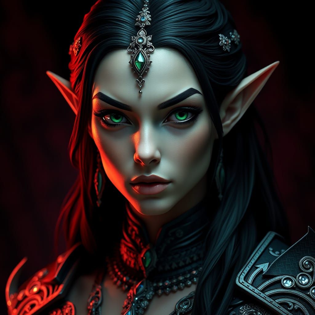 Regal Dark Elf Warrior Princess in Elegant Art Nouveau Style
