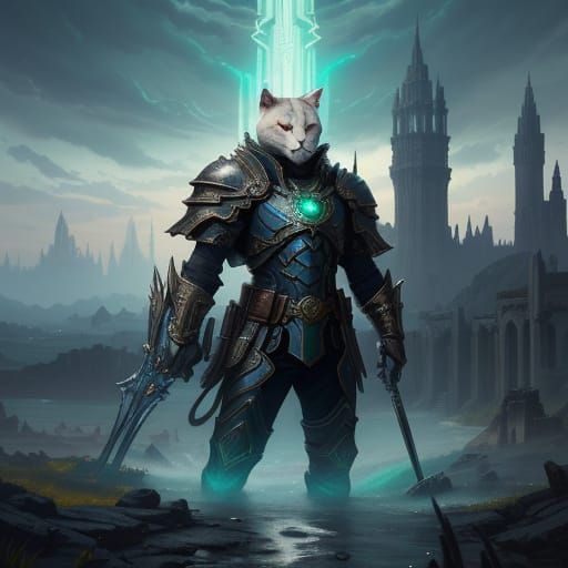 Majestic Feline Warrior in Fantastical Landscape
