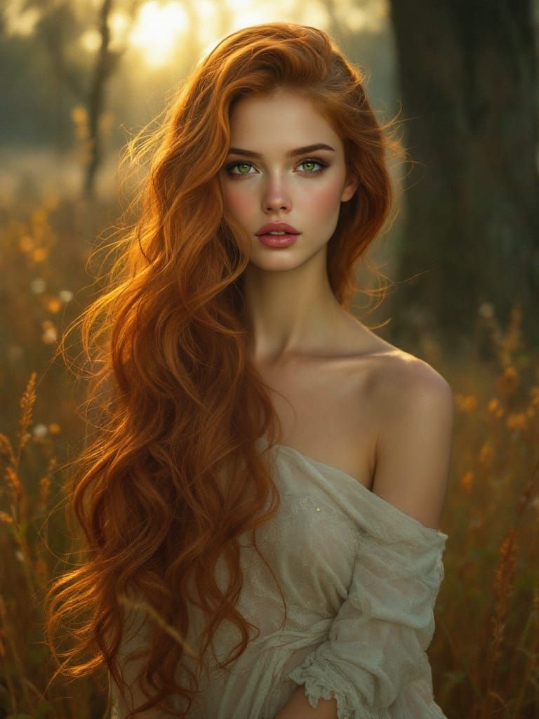 Ethereal Woman in Golden Hour Autumn Forest